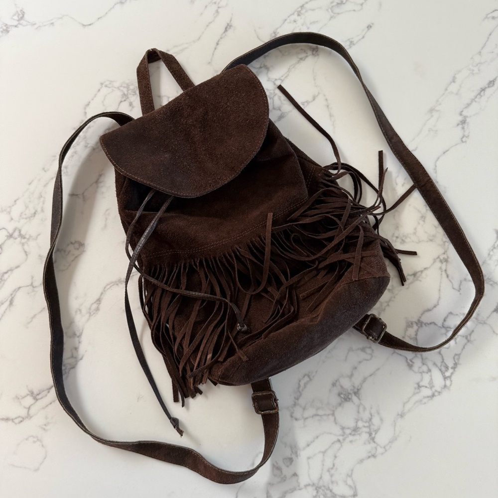 Women's Dark Brown Suede Fringe Backpack